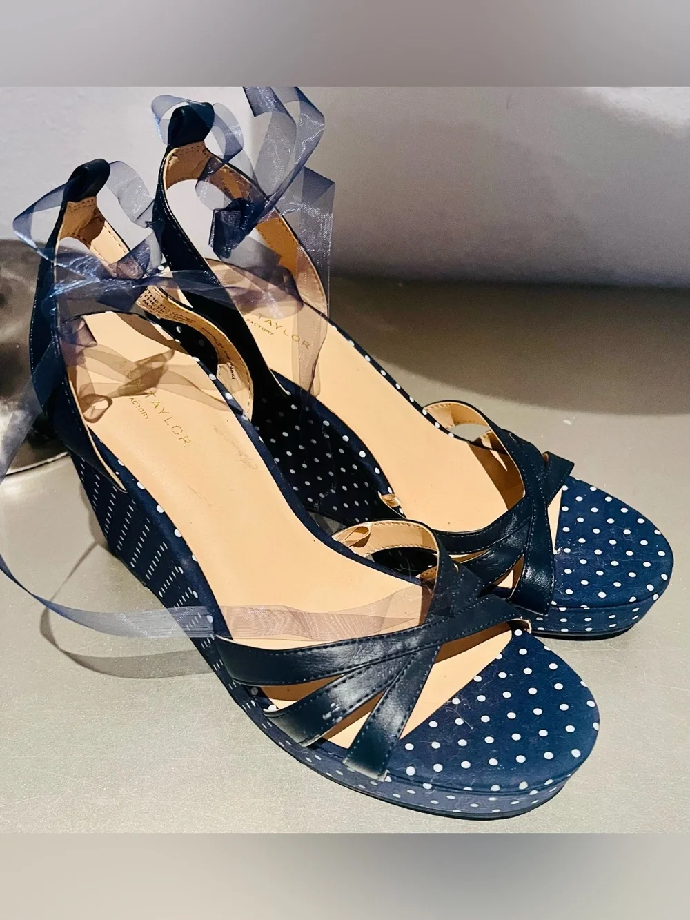 Taylor Navy Polka Dot Wedge Sandals with Clear Ankle Ties